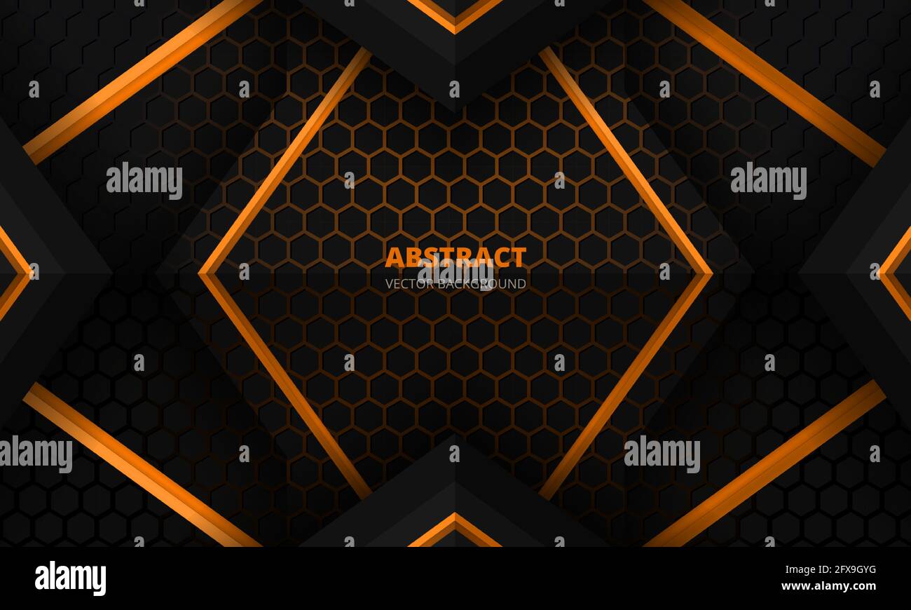 Futuristische Design-Vorlage für abstraktes Gaming-Banner in Schwarz und Orange mit sechseckiger Kohlefaser. Dark Tech hexagonal Konzept Vektor Hintergrund für Spiel Stock Vektor