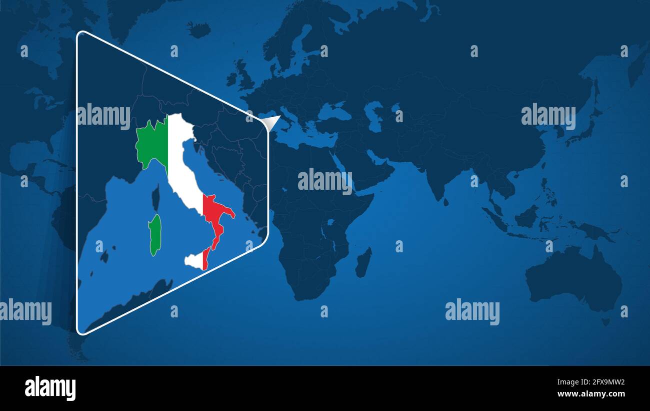 Lage von Italien auf der Weltkarte mit vergrößerter Karte von Italien