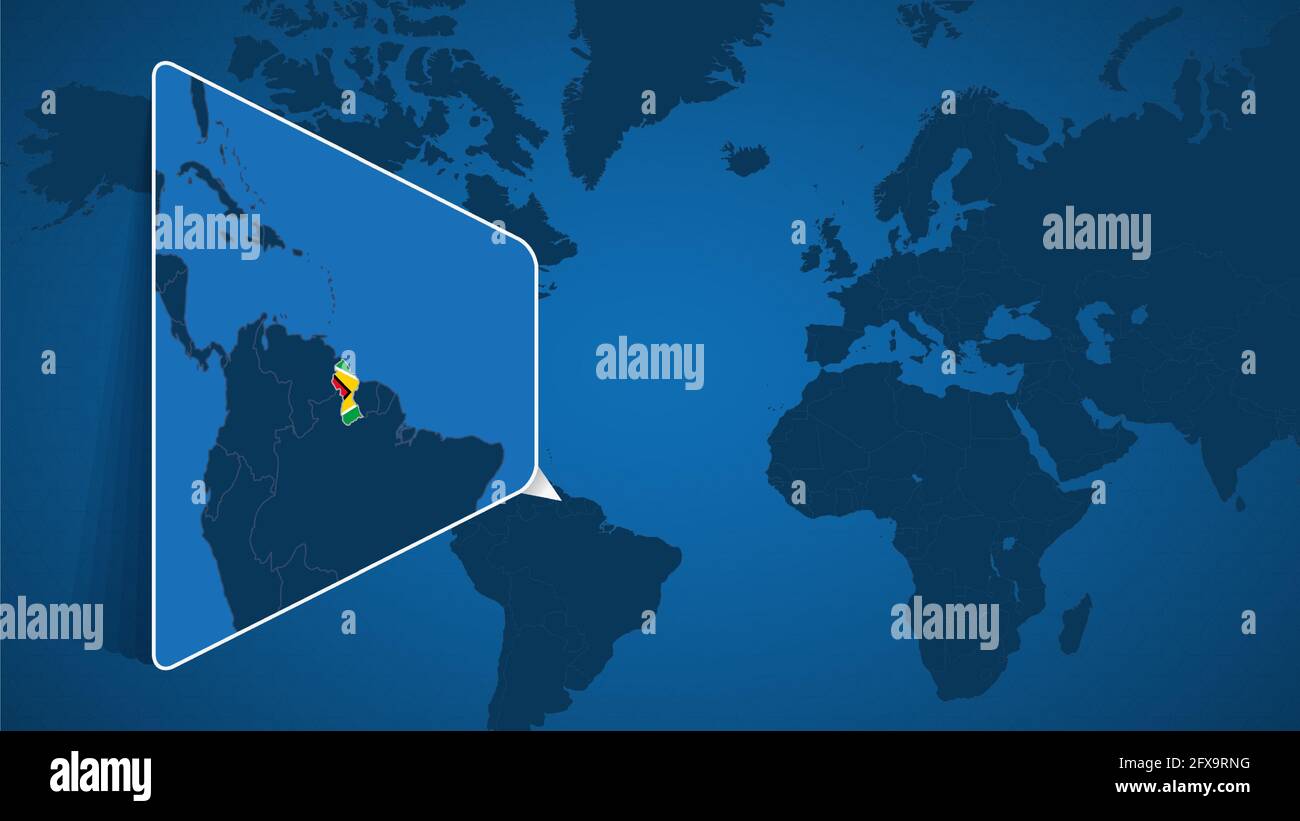 Lage von Guyana auf der Weltkarte mit vergrößerter Karte von Guyana mit