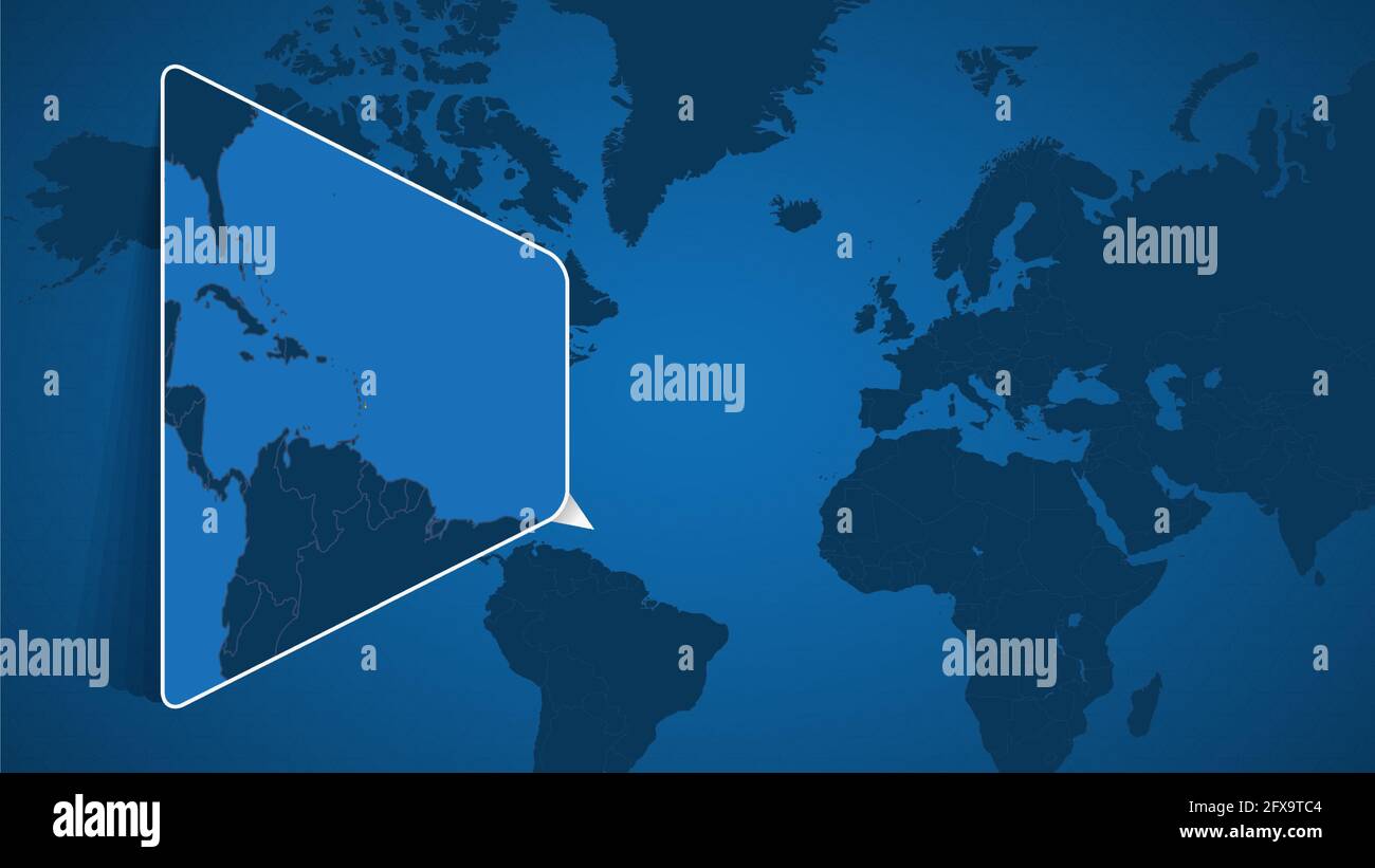 Lage von Barbados auf der Weltkarte mit vergrößerter Karte von Barbados mit Flagge. Geografische Vektor-Vorlage für Ihr Design. Stock Vektor