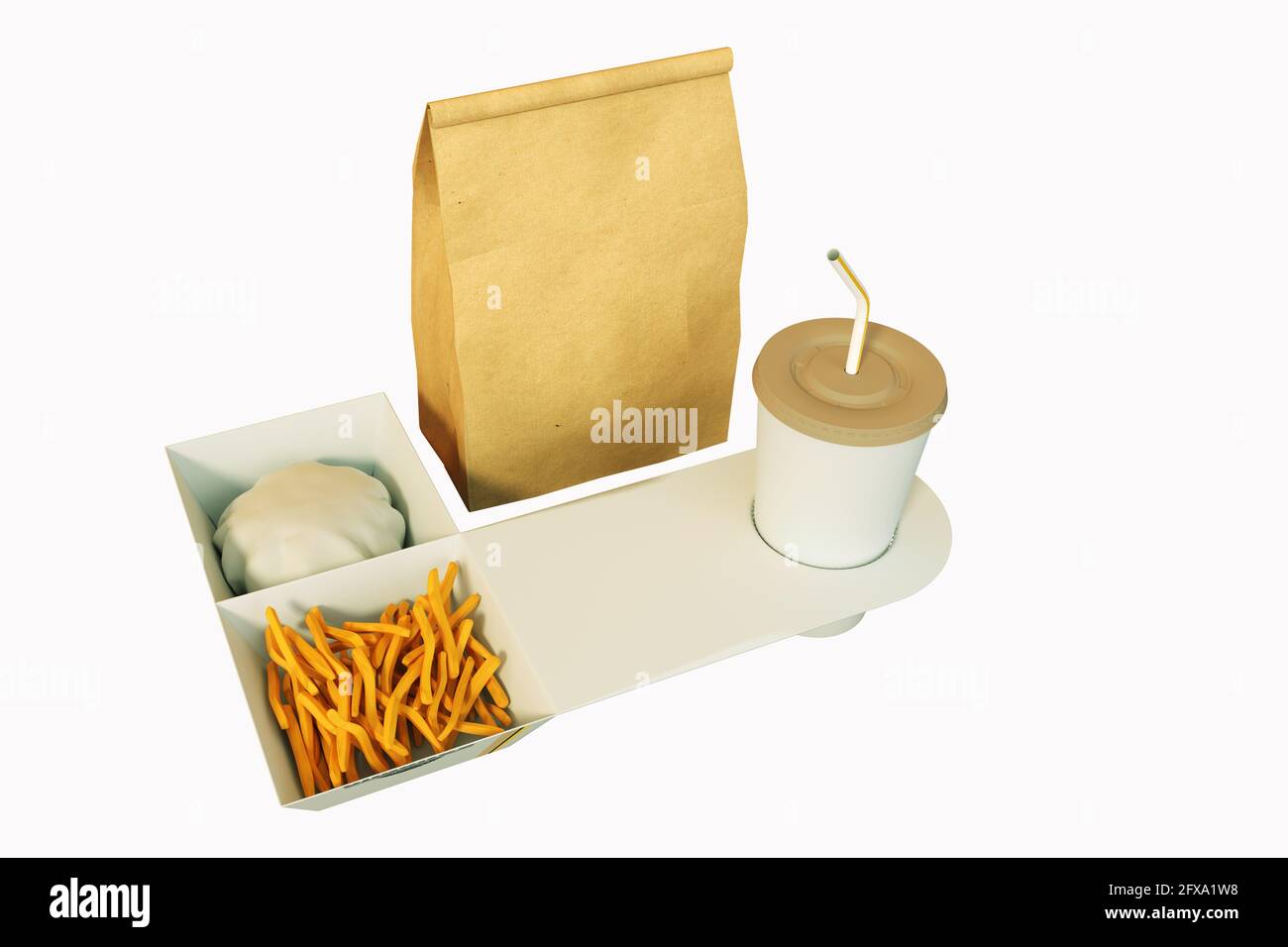 Set für Fast-Food-Verpackungen. Pappbecher in Halter, 3D-Rendering der Lebensmittelbox. Stockfoto