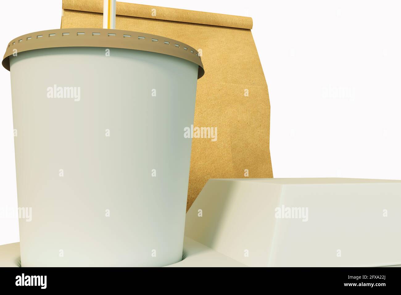 Set für Fast-Food-Verpackungen. Pappbecher in Halter, 3D-Rendering der Lebensmittelbox. Stockfoto