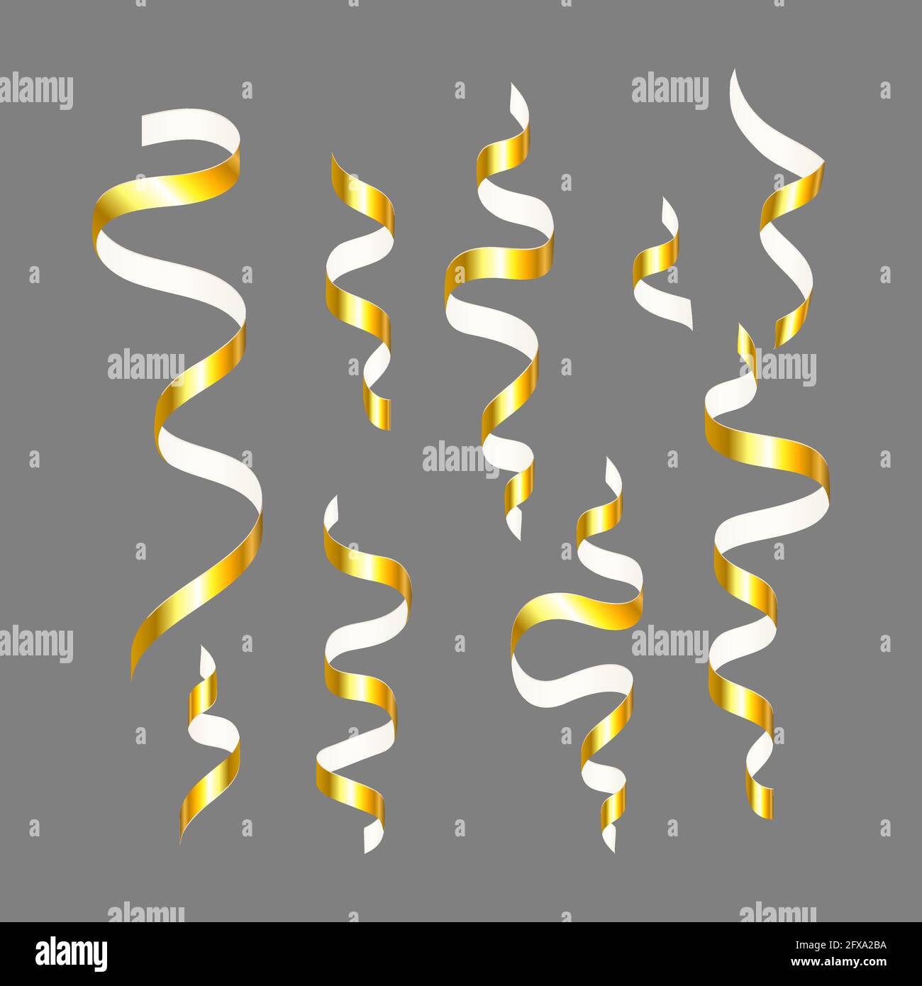 3d Band Serpentine Set Gold auf grauem Hintergrund. Sammlung von Festive Vektor Streamer Konfetti. Weihnachtsgruß flayer Dekorationen Elemente. Stock Vektor