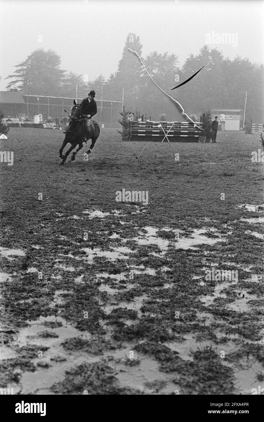 CHIO in Rotterdam; Gewinner des Preises der Kralingse Plas der Ire P. Darragh mit P. J. Carroll auf dem Gelände, das durch den Regen durchnässt wurde, 18. August 1977, Pferde, Niederlande, 20. Jahrhundert Presseagentur Foto, Nachrichten zu erinnern, Dokumentarfilm, historische Fotografie 1945-1990, visuelle Geschichten, Menschliche Geschichte des zwanzigsten Jahrhunderts, Momente in der Zeit festzuhalten Stockfoto