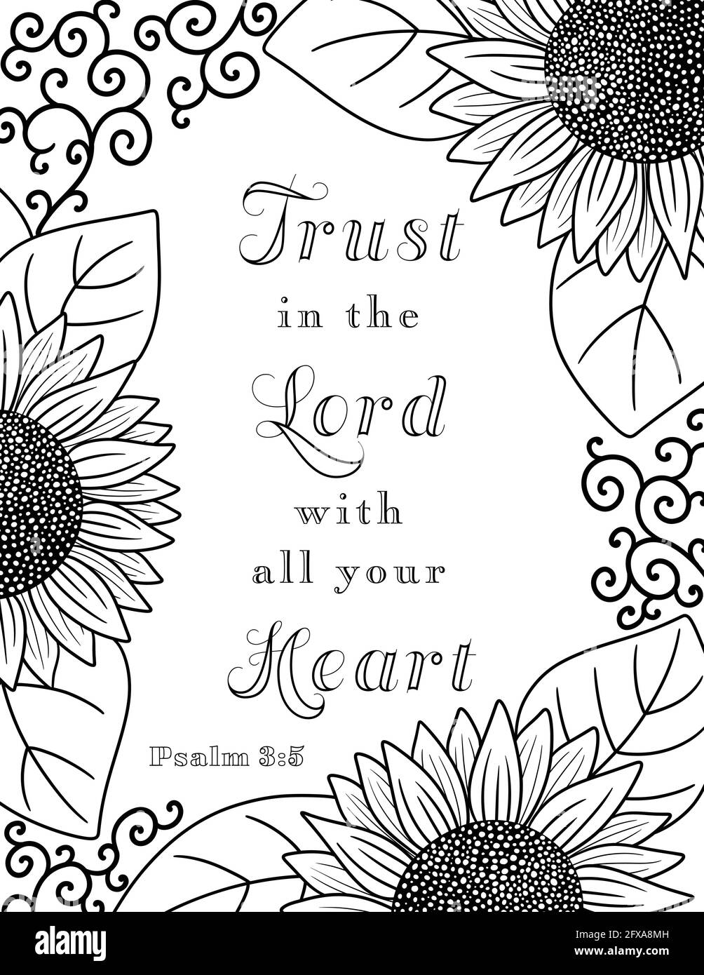Ein Rand von Sonnenblumen perfekt zum Malen mit einer Bibel Verse auf den Herrn vertrauen von ganzem Herzen Stock Vektor