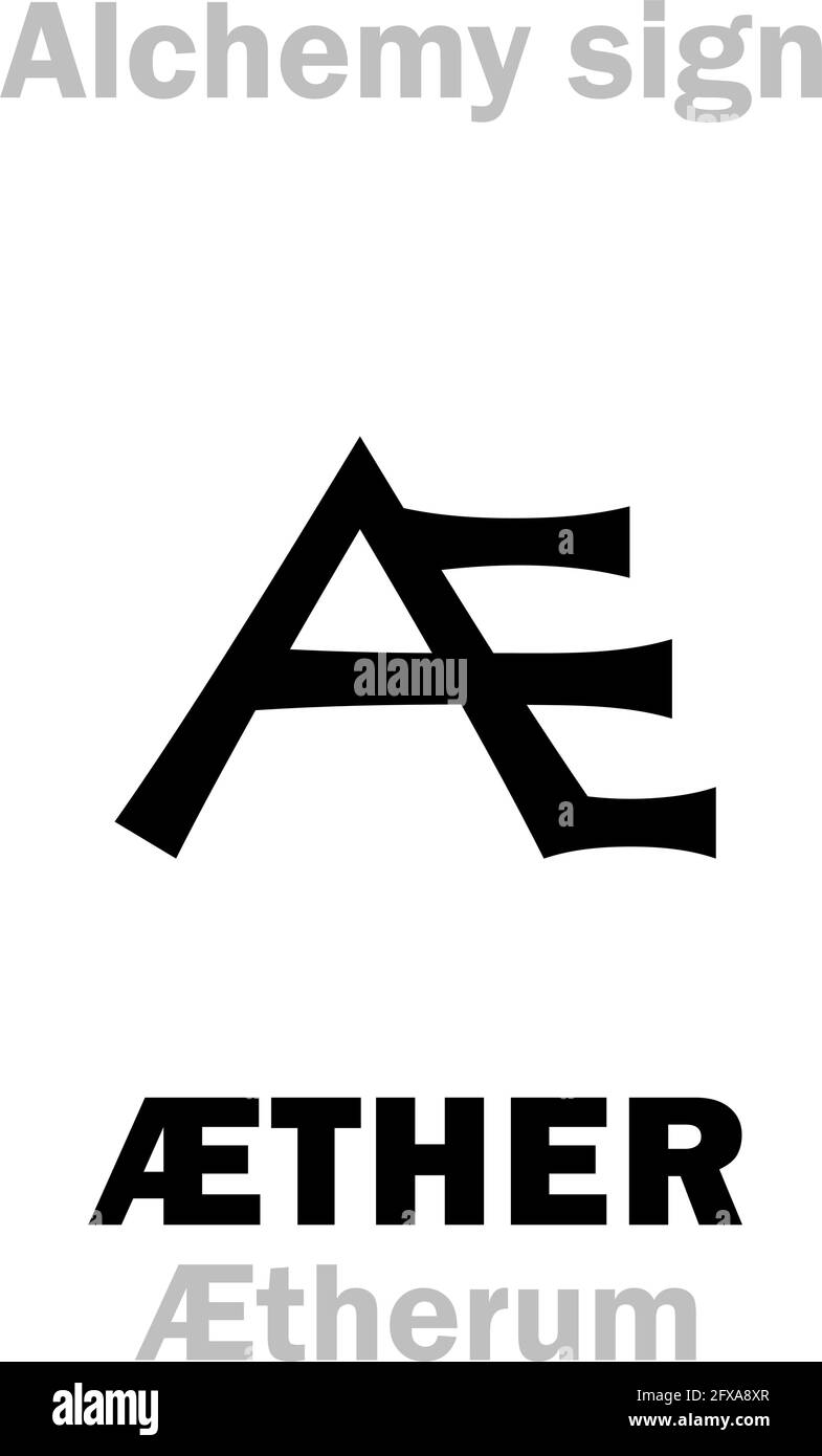 Alchemie-Alphabet: Æther (Aetherum, Quinta essentia, Quintum corpus): 1) 5. Eſsence, das fünfte der primären Elemente; 2) Diethyl Ether. Stock Vektor
