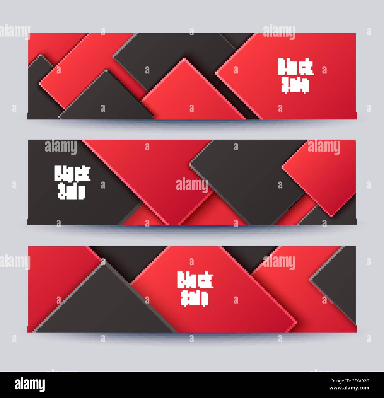 Abstrakt drei Banner mit schwarz-rot geschichteten Rauten. Vektor Flyer minimalistisches Papier geschnitten geometrisches Muster. Designkonzept zur Feier der Karte Stock Vektor