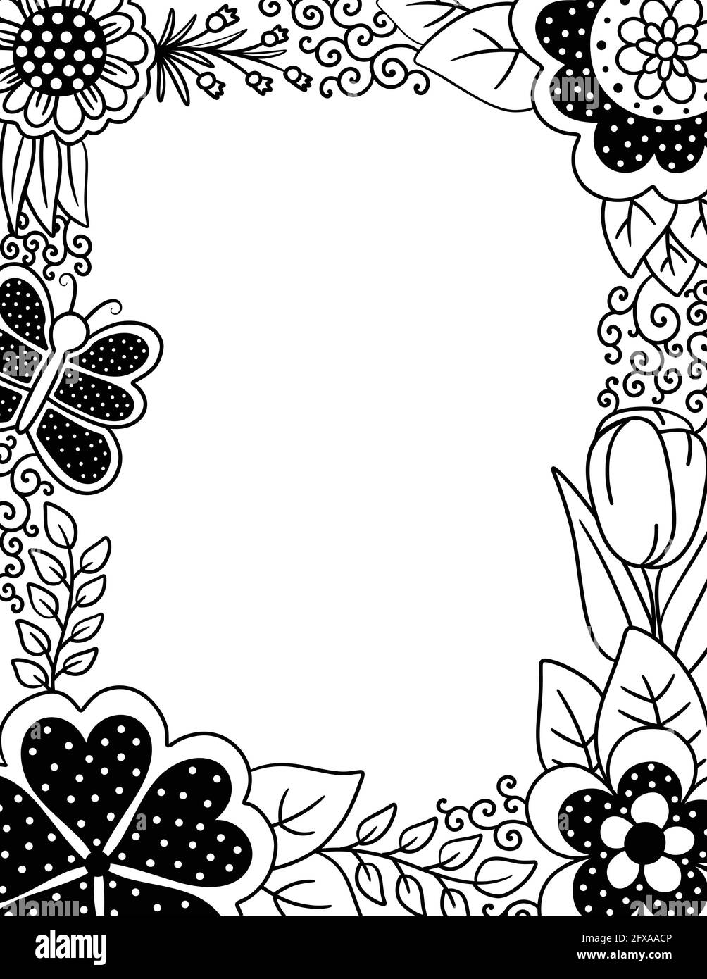Malseite für Erwachsene mit Blumenrand von Polka Punkten und Schmetterlinge Stock Vektor