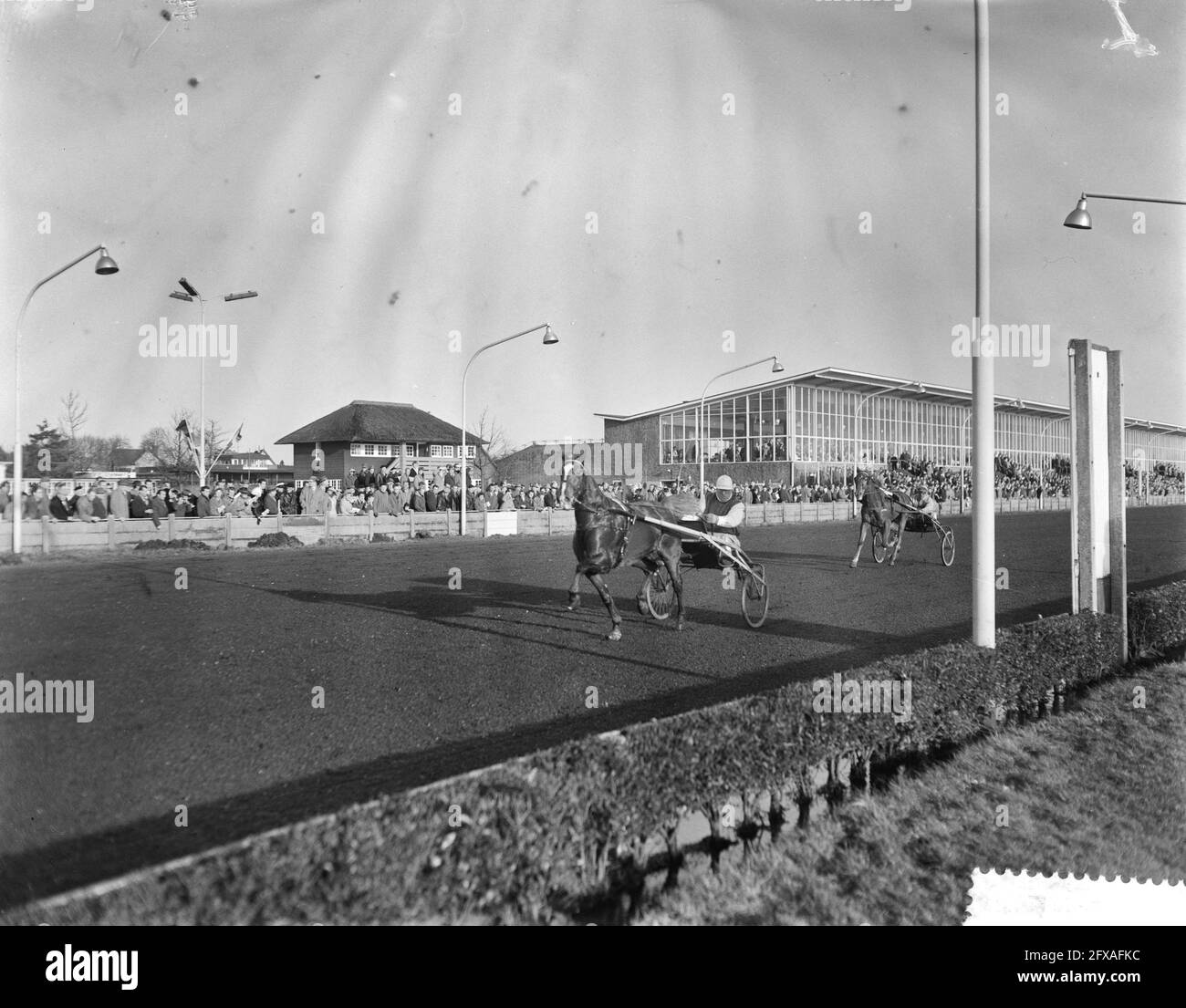 Trabrennerei im städtischen Sportpark in Hilversum, 26. Dezember 1959, Trotting, Niederlande, 20. Jahrhundert Presseagentur Foto, Nachrichten zu erinnern, Dokumentarfilm, historische Fotografie 1945-1990, visuelle Geschichten, Menschliche Geschichte des zwanzigsten Jahrhunderts, Momente in der Zeit festzuhalten Stockfoto