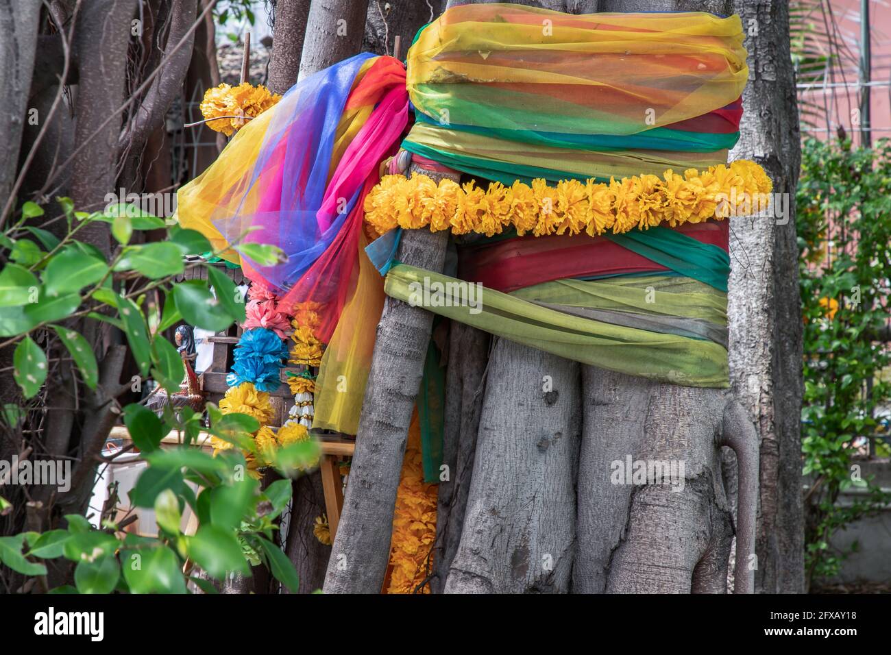 Ringelblume Blumengirlanden und Stofffarben bunt um die gewickelt Baum das bunte Tuch, das um einen Baum gebunden ist, ist das Der Glaube an den thailändischen Schurken Stockfoto