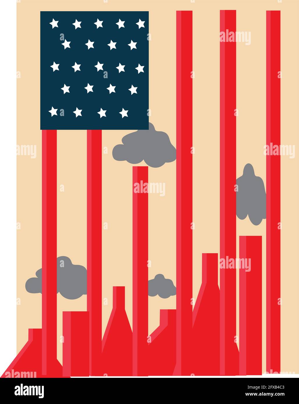 Illustration der amerikanischen Flagge und verschiedenen Fabriken am Boden, die die Umwelt verschmutzen, auf einem roten Hintergrund Stock Vektor