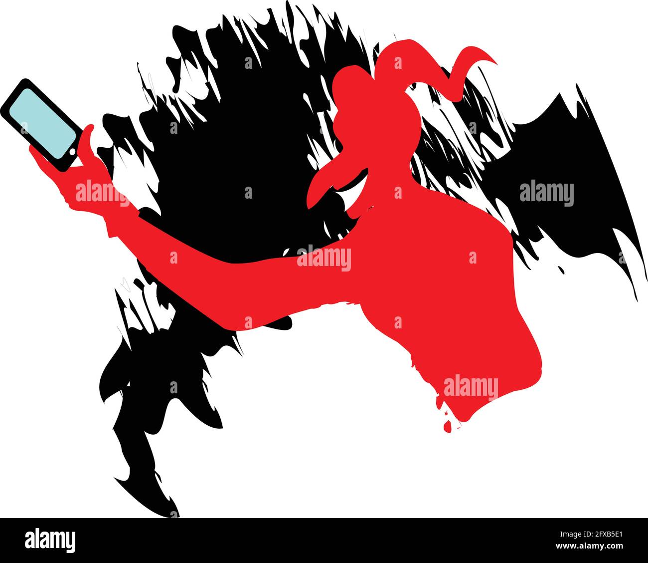 Illustration des Teufels, der ein Selfie macht und süchtig ist Zu Selfies Stock Vektor