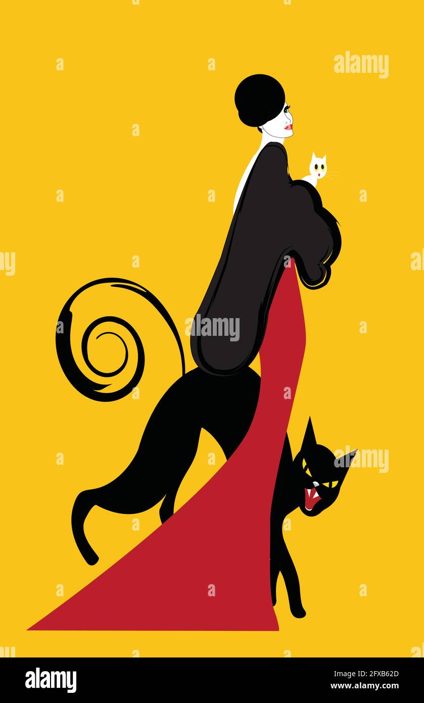 Illustration einer eleganten Frau mit einer schwarzen Katze, auf gelbem Hintergrund Stock Vektor