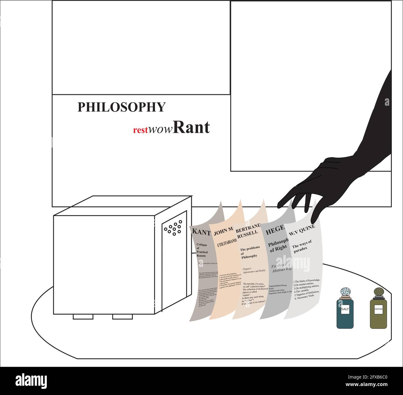 Illustration eines Philosophie Restaurants mit Servietten, die Philosophie Zitate haben, isoliert auf weiß Stock Vektor