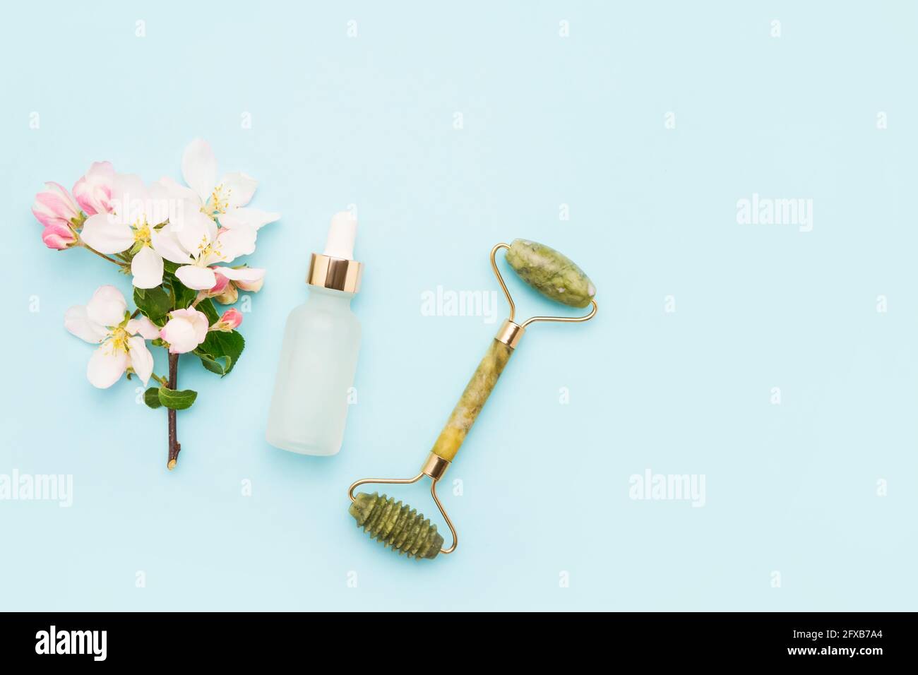 Jadewalze für Massage, Glasflasche für medizinische und kosmetische Zwecke und Apfelblütenblumen auf hellblauem Hintergrund. SPA-Konzept. Bis Stockfoto