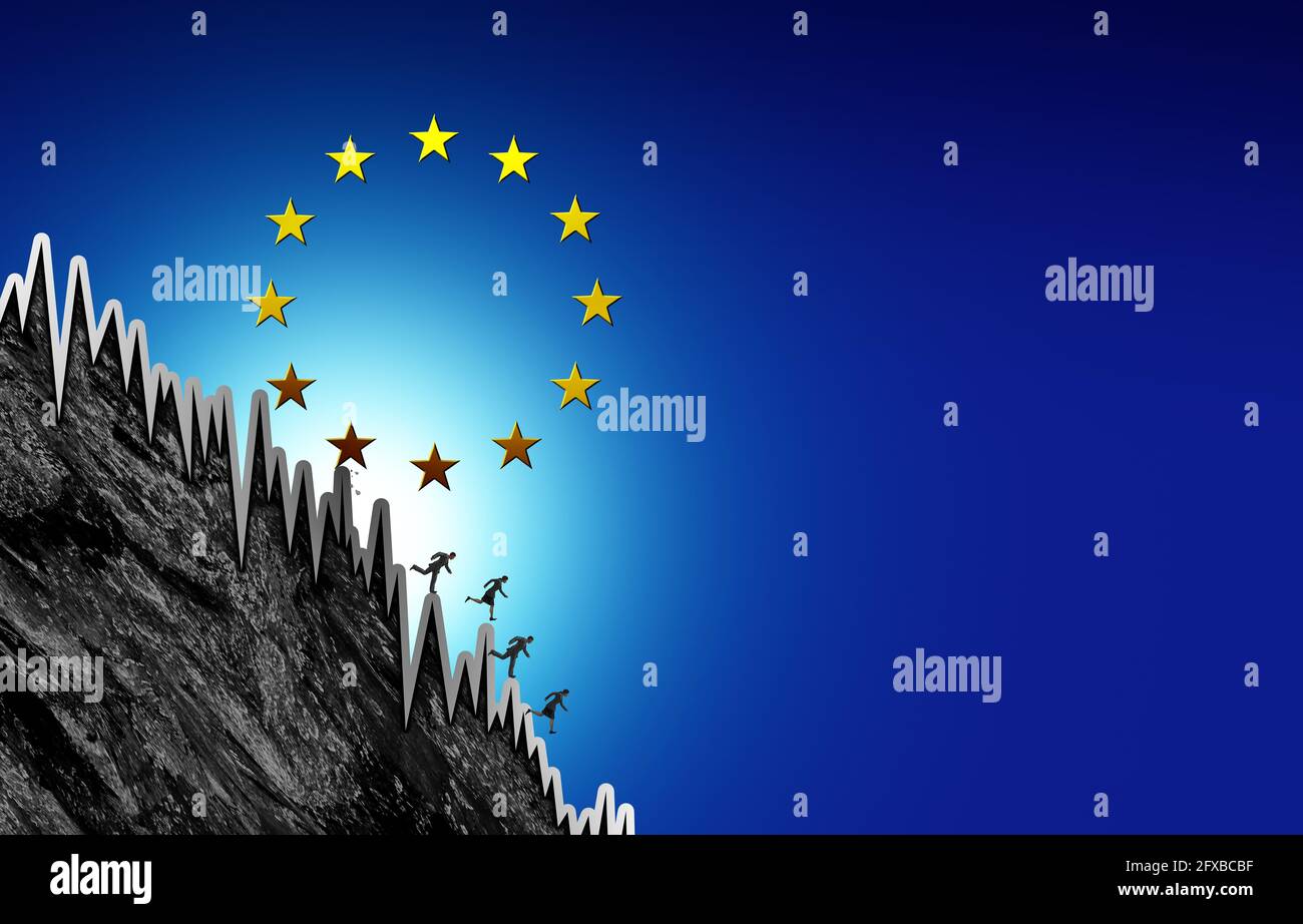 Die Rezession in Europa und der wirtschaftliche Rückgang in Europa als eine Euro-Finanzinflationskrise oder die Wirtschaft in der Eurozone riskieren in 3D-Darstellung. Stockfoto