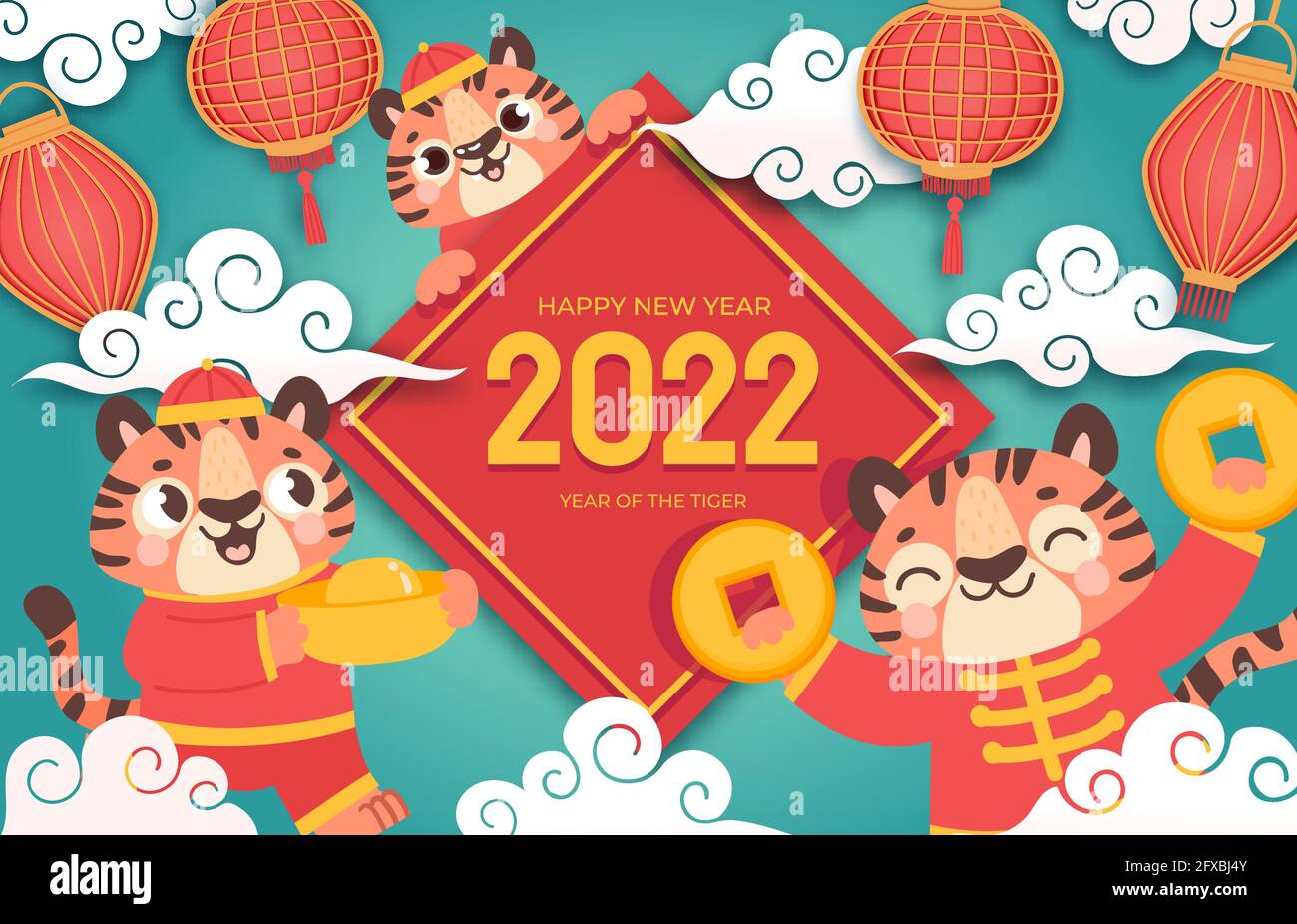 Chinesisches Neujahr 2022. Winterurlaub Banner mit Cartoon-Tigern in asiatischer Kleidung, Laternen und Gold. Happy Year Symbol Tier, Vektor-Karte Stock Vektor