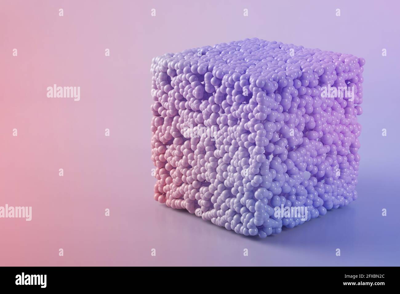 Dreidimensionale Darstellung eines Würfels aus violetten Kugeln Stockfoto