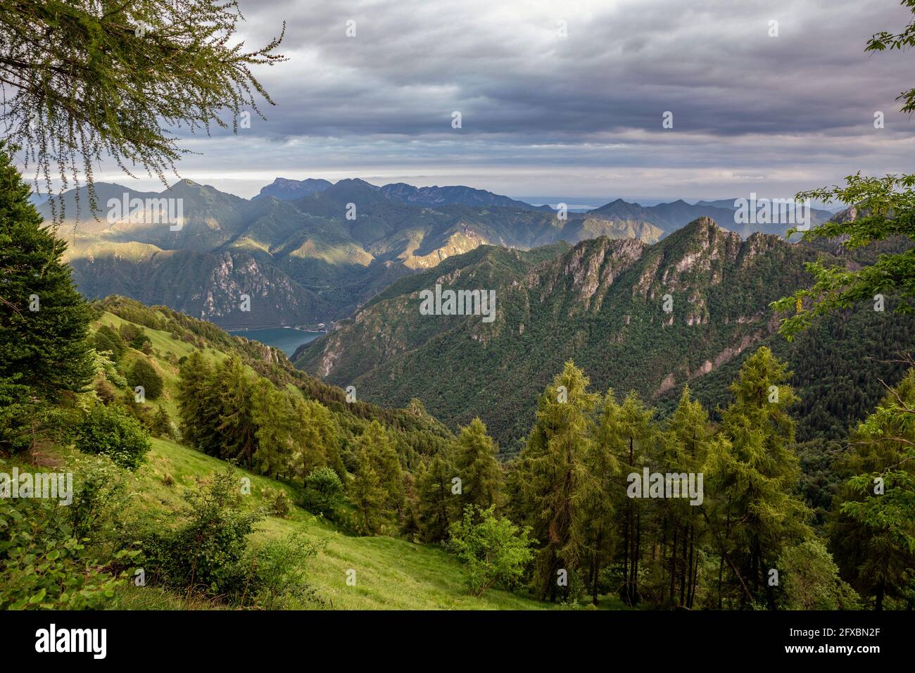 Tal in der Nähe des Idrosees und des Gardasees durch Wald in der Provinz Brescia, Lombardei, Italien Stockfoto