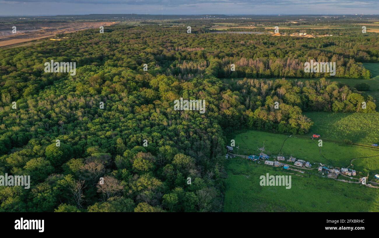 Luftaufnahme des Hambacher Waldes und der feindlichen Braunkohlenaktivisten Lager Stockfoto