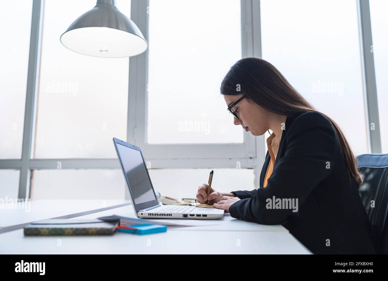 Weibliche professionelle Schreiben in Tagebuch mit Laptop im Büro Stockfoto