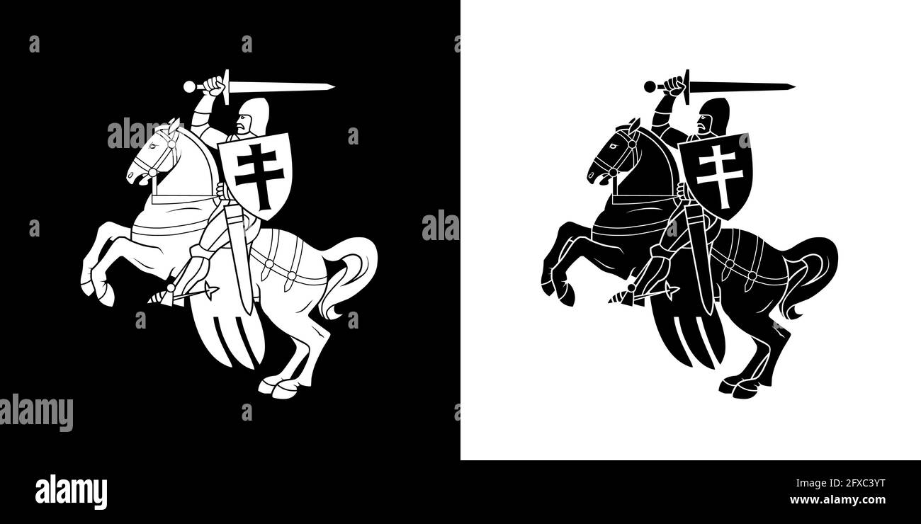 Die schwarz-weißen Versionen der Bilder des Reiters auf dem Pferd aus dem Wappen der Republik Weißrussland in 1991 - 1994. Vektorgrafik. Stock Vektor
