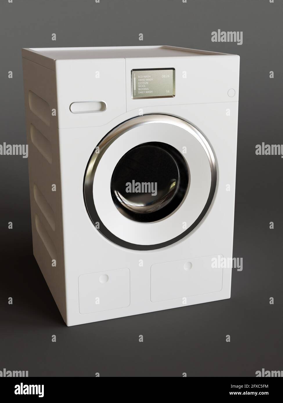 3D-Rendering der weißen Waschmaschine auf grauem Hintergrund Stockfoto