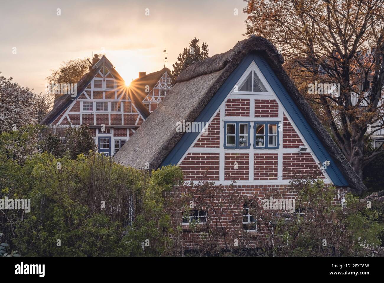 Deutschland, Altes Land, Fachwerkhäuser bei Sonnenuntergang Stockfoto