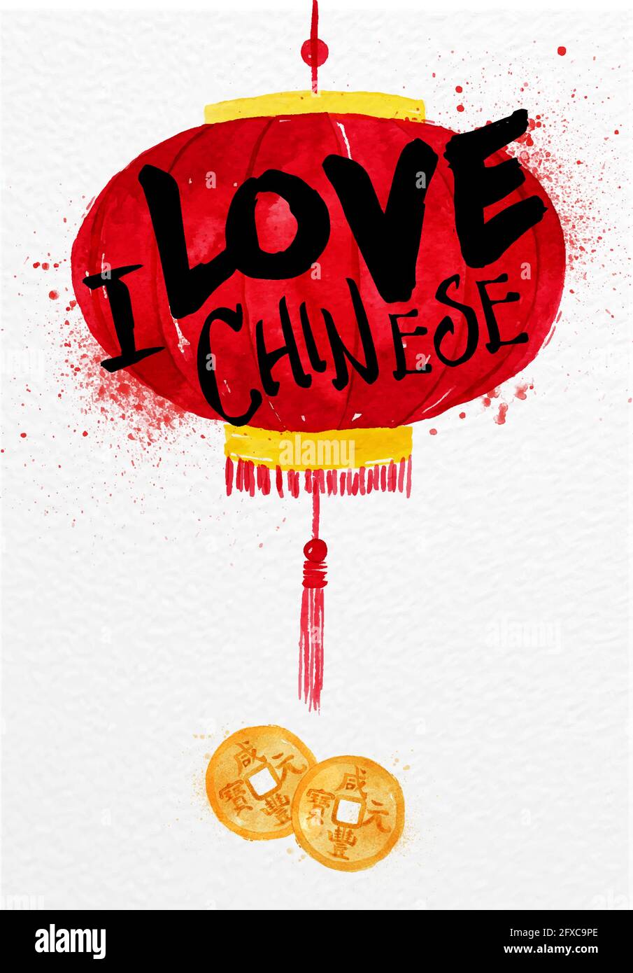 Poster rote Papierlaterne mit feng Shui chinesischen Münzschriftzug Ich liebe chinesisches Zeichnen mit Tropfen und Spritzer auf Aquarell Papierhintergrund Stock Vektor