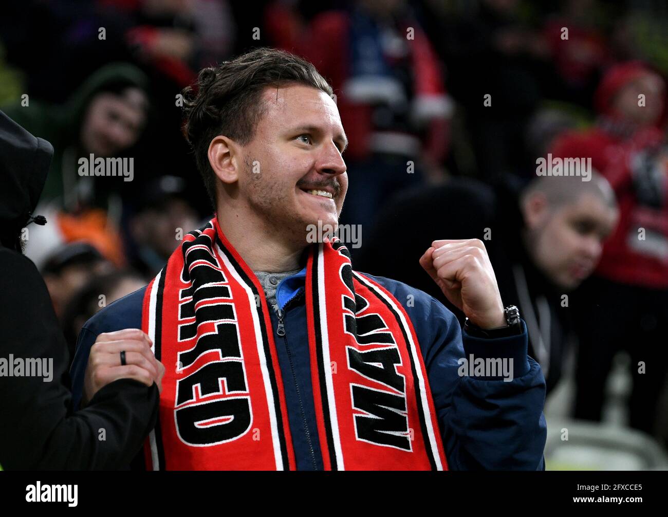 Die Fans von Manchester United zeigen ihre Unterstützung beim Finale der UEFA Europa League im Danziger Stadion in Polen. Bilddatum: Mittwoch, 26. Mai 2021. Stockfoto