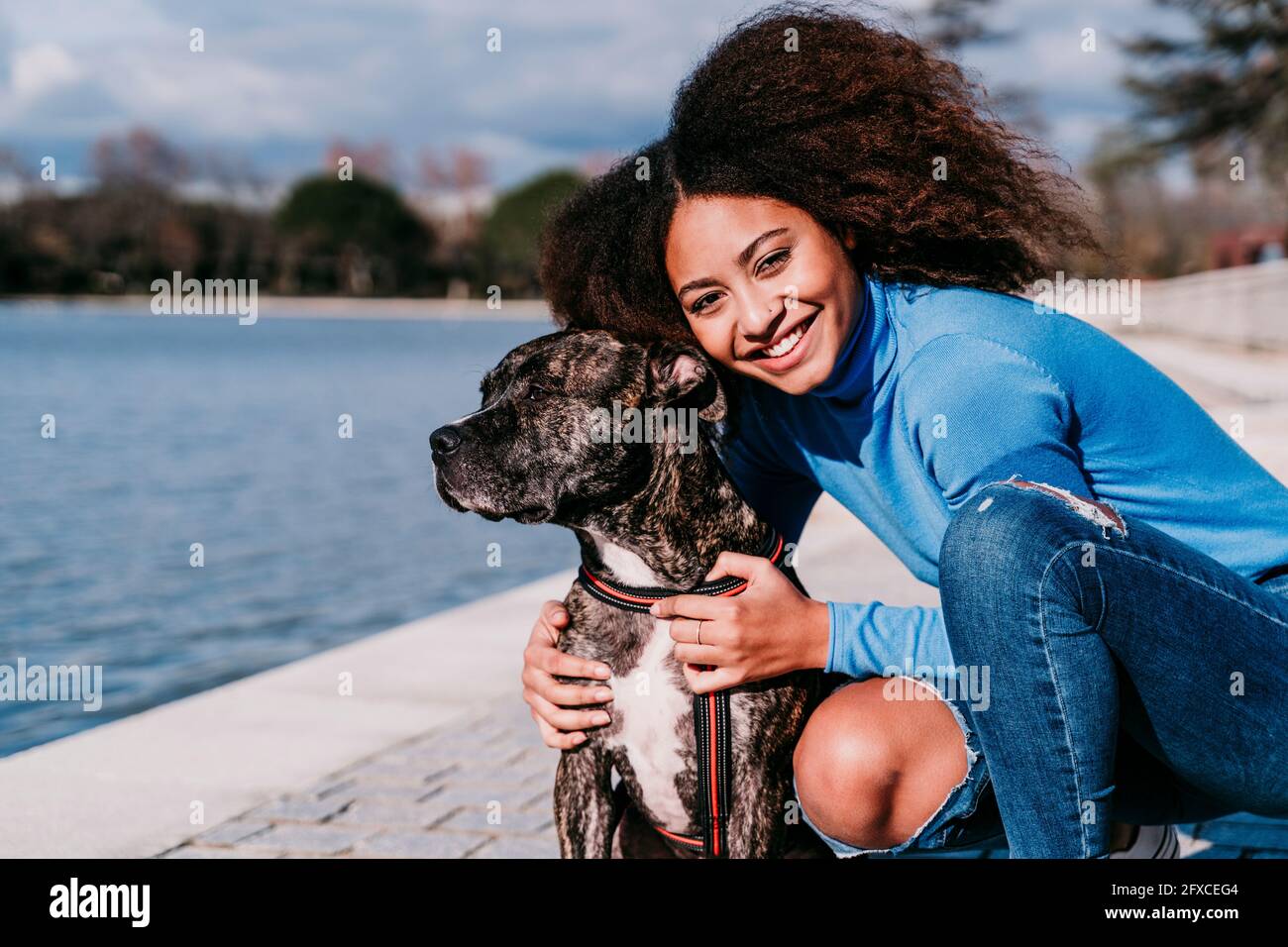 Lächelnd lockiges Haar Frau, die an einem sonnigen Tag beim Hund hockend Stockfoto