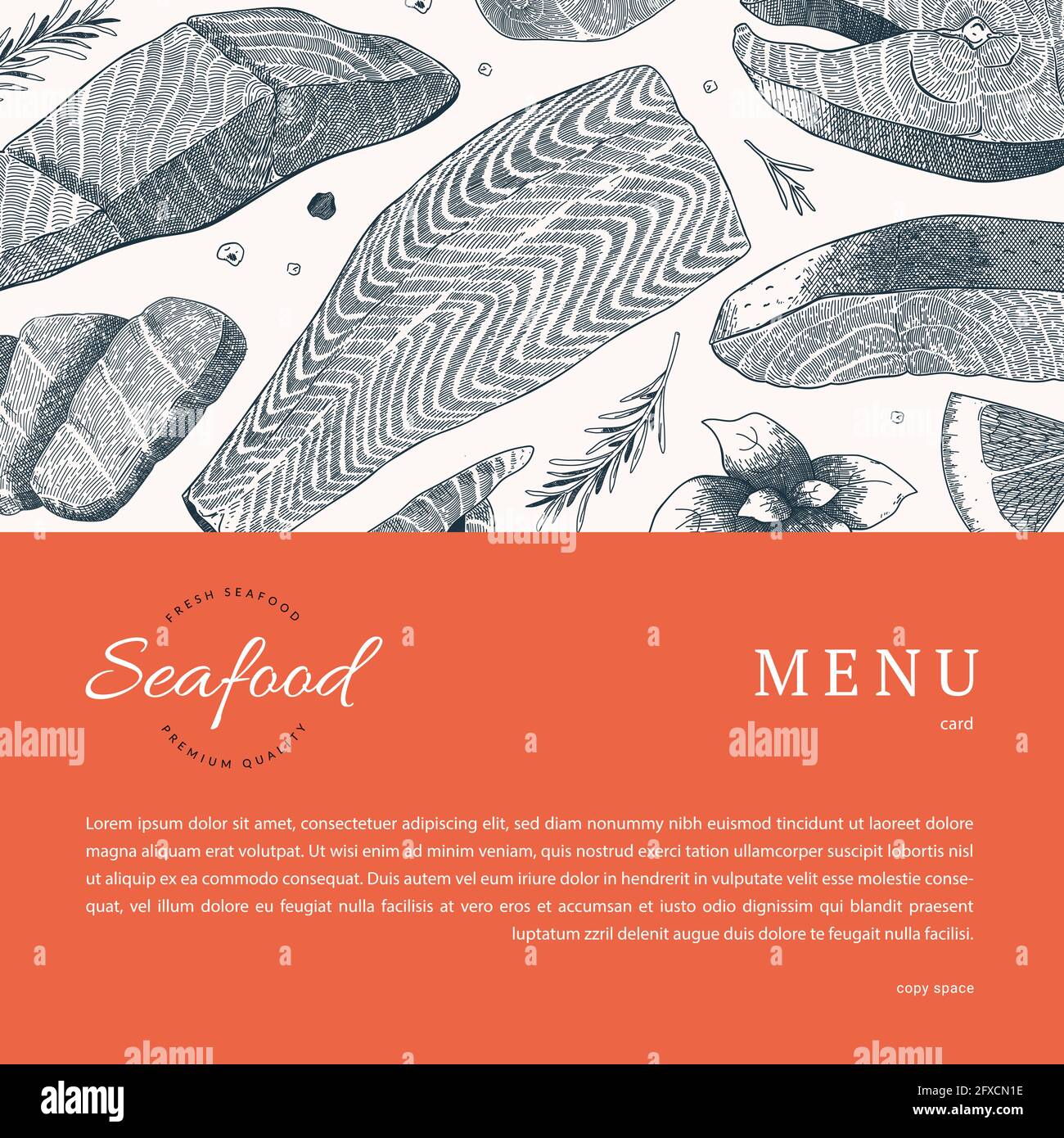 Meeresfrüchte-Restaurant-Menü-Cover mit Logo, Vektor-Vorlage mit Lachs Fisch handgezeichnete Tinte Illustrationen, moderne Vektor-Banner, Cross-Schraffur Vintage Stock Vektor