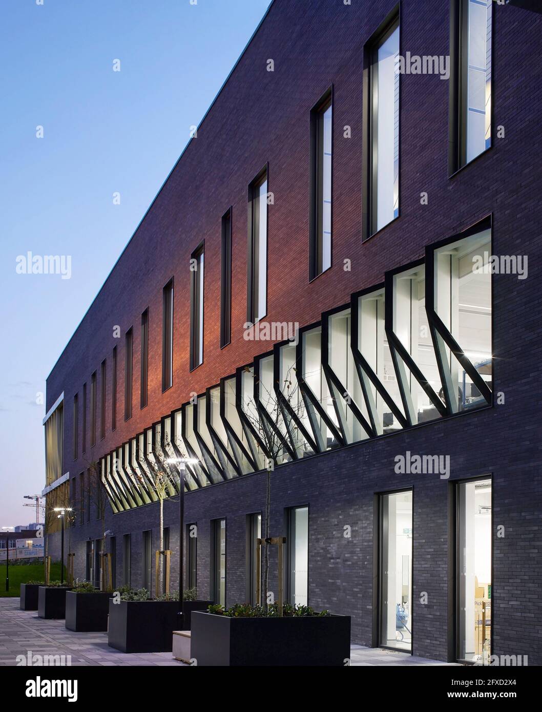Erhebung entlang der Fassade bei Dämmerung mit beleuchteten Innenräumen. University of Birmingham, Collaborative Teaching Laboratory, Birmingham, Großbritannien. Architekt: Stockfoto
