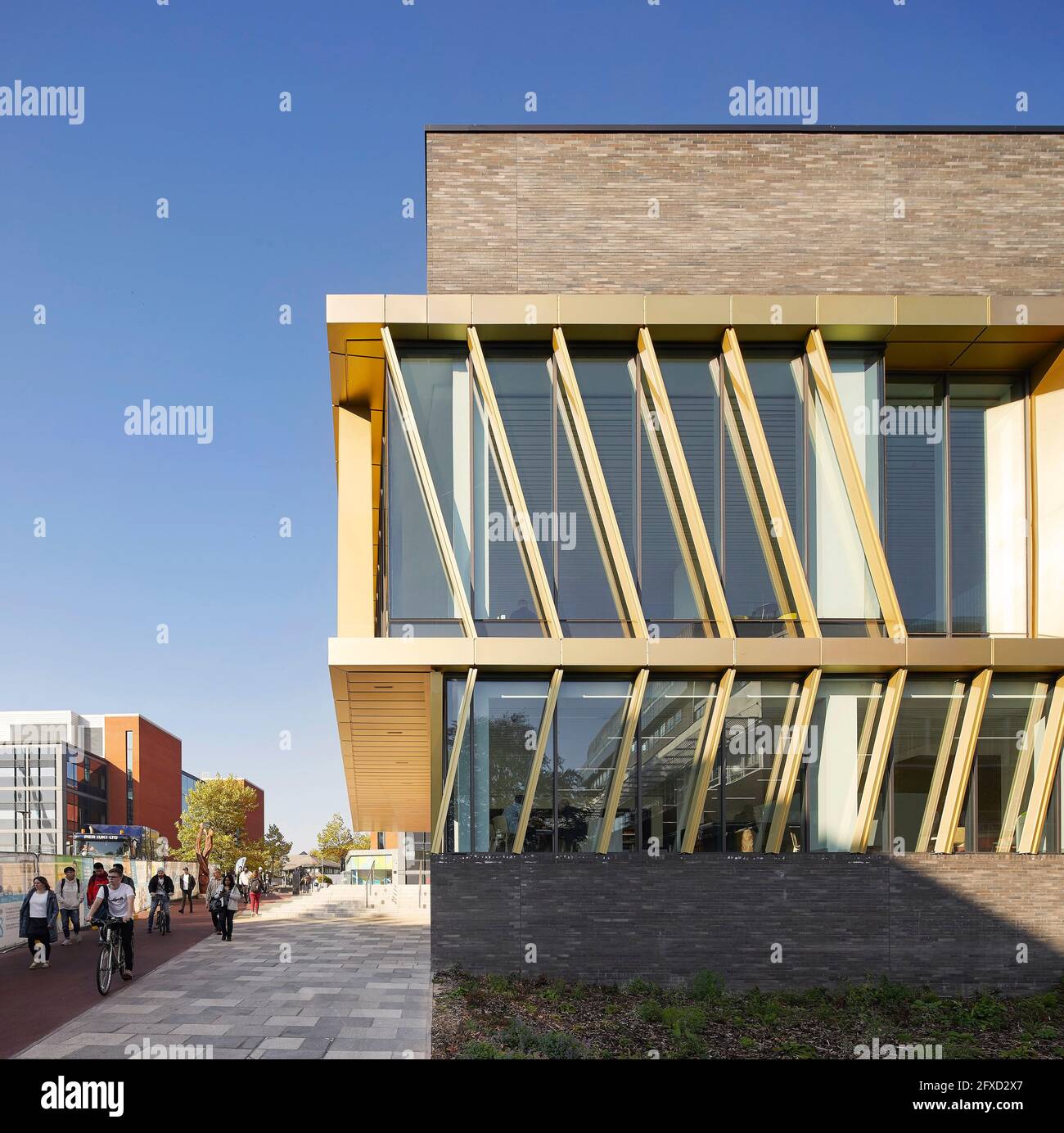 Blick auf die Fassade mit Haupteingang vom Hang. University of Birmingham, Collaborative Teaching Laboratory, Birmingham, Großbritannien. Architekt: Sheppar Stockfoto