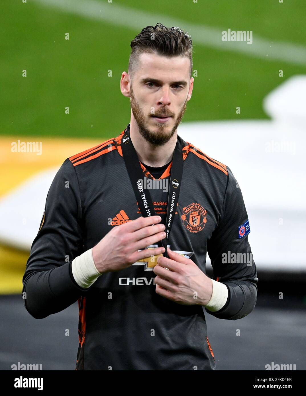 Manchester United Torwart David de Gea reagiert nach dem Finale der UEFA Europa League im Danziger Stadion in Polen. Bilddatum: Mittwoch, 26. Mai 2021. Stockfoto