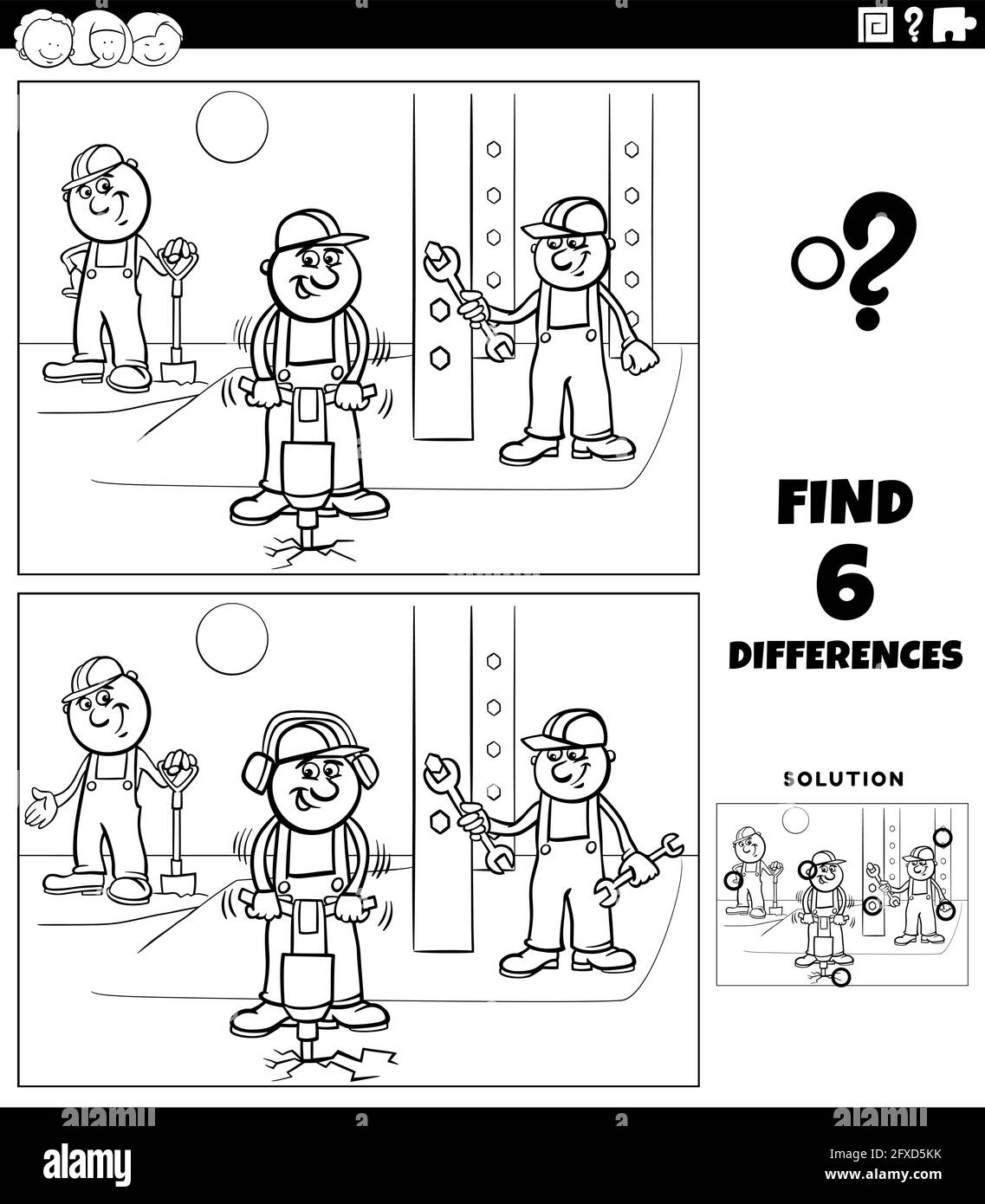 Schwarz-Weiß-Cartoon-Illustration der Suche nach den Unterschieden zwischen Bilder pädagogisches Spiel für Kinder mit lustigen Arbeitern oder Bauherren Charakter Stock Vektor