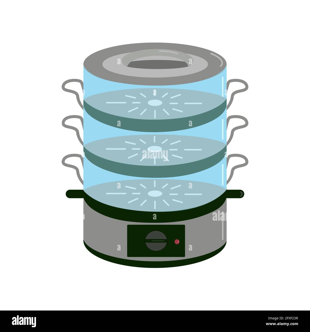 Elektro-Dampfgarer mit schwarzem Kunststoffsockel und transparenten Kunststoffteilen zum Kochen, Elektro-Küchengerät, Vektor-Cliparts im Cartoon-Stil Stock Vektor