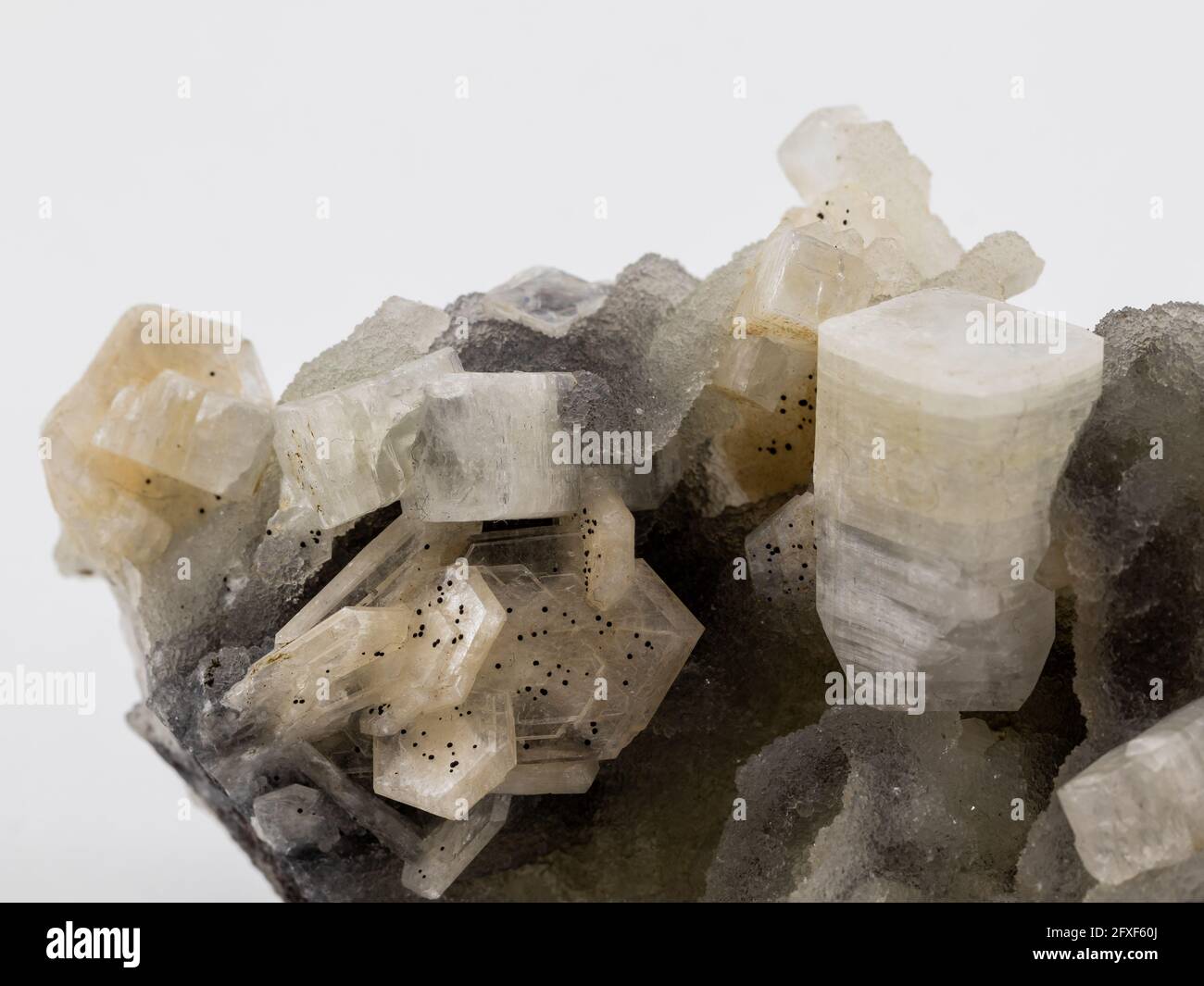 Mineralische Probe von mehreren tipology der Kristalle auf einem weißen Hintergrund Stockfoto