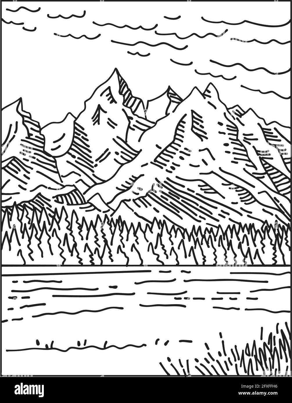 Monolinie Illustration der Teton Range im Grand Teton National Park im Nordwesten von Wyoming, USA in Retro schwarz-weiß Mo Stock Vektor