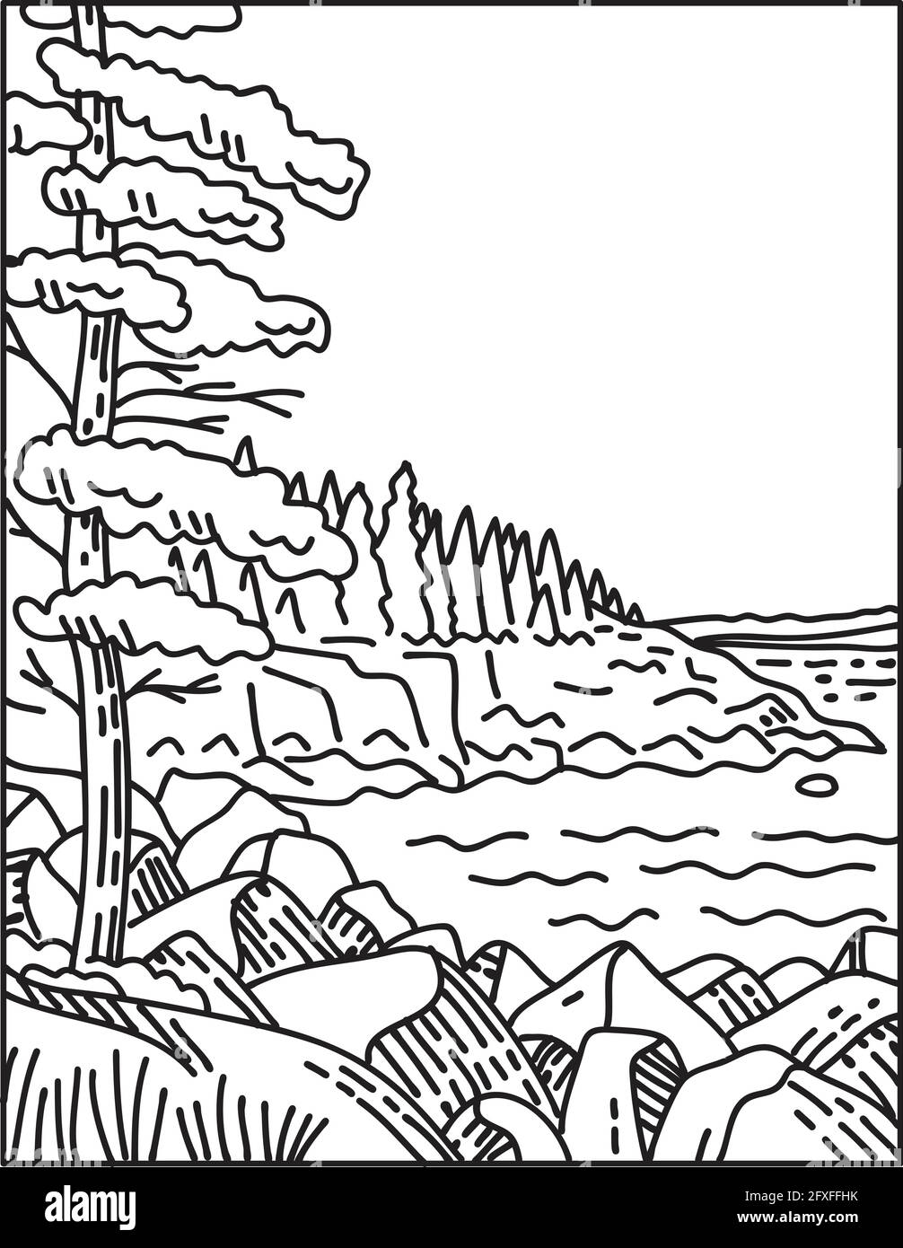Monolinie Illustration des Acadia National Park entlang des Atlantiks Küste auf Mount Desert Island in Maine USA Von Amerika im Retro-Stil Stock Vektor