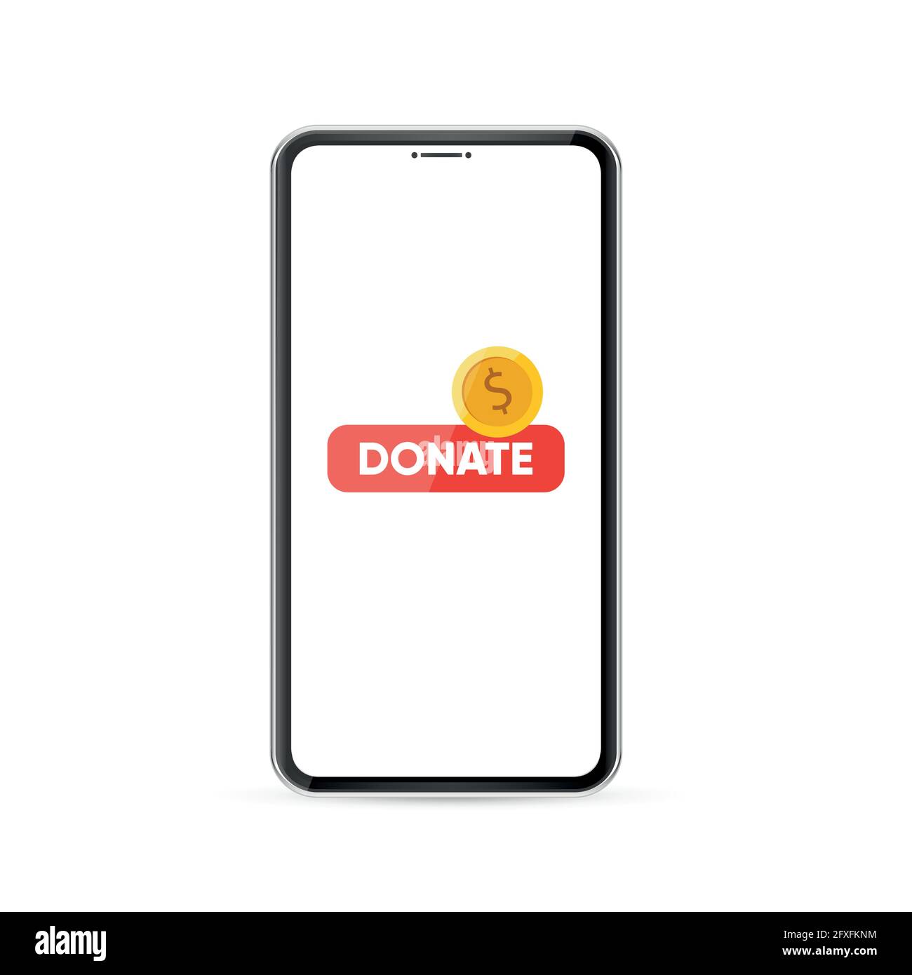 Spenden Sie online. Smartphone mit Goldmünze und Knopf auf dem Bildschirm. Stock Vektor