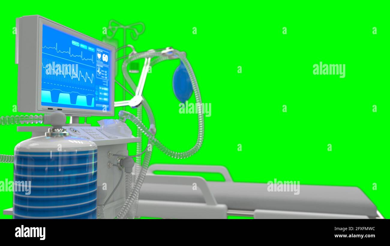 ITS-Lungenventilator mit Bettrendern isoliert auf grüner, medizinischer 3d-Illustration Stockfoto