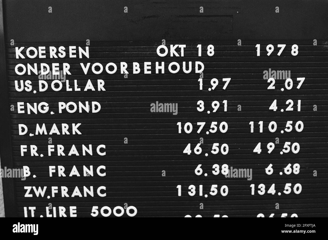 US-Dollar-Kurs 1.97 - 2.07, 19. Oktober 1978, Niederlande, Foto der Presseagentur des 20. Jahrhunderts, zu erinnerende Nachrichten, Dokumentation, historische Fotografie 1945-1990, visuelle Geschichten, Menschliche Geschichte des zwanzigsten Jahrhunderts, Momente in der Zeit festzuhalten Stockfoto