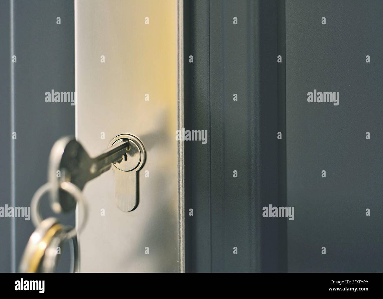 Nahaufnahme eines Schlüssels mit einem Ring in einem Türschloss der grauen Tür. Entriegeln der Sicherheitsverriegelung. Stockfoto