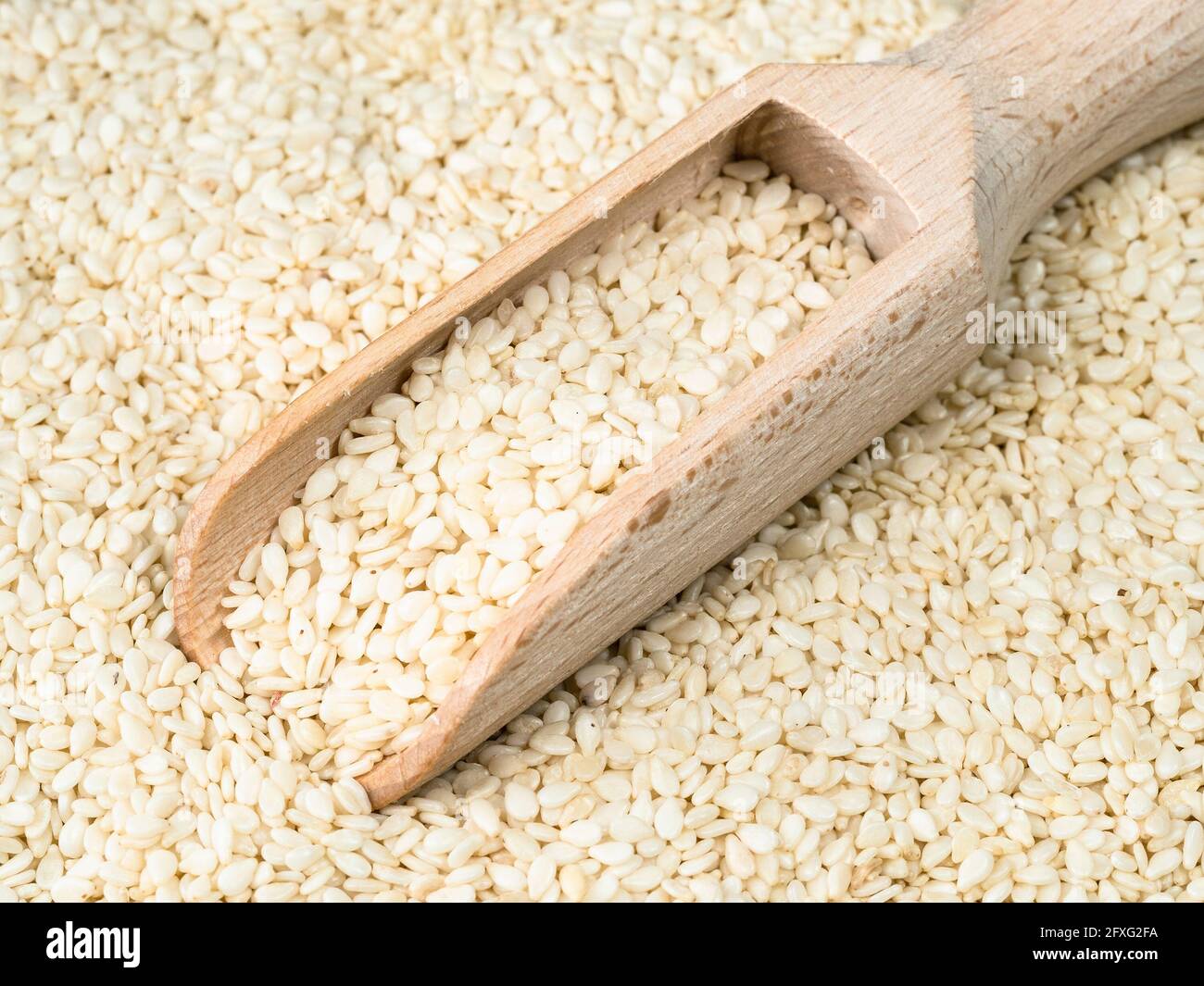 Holzlöffel in weißen Sesamkörnern aus nächster Nähe Stockfoto