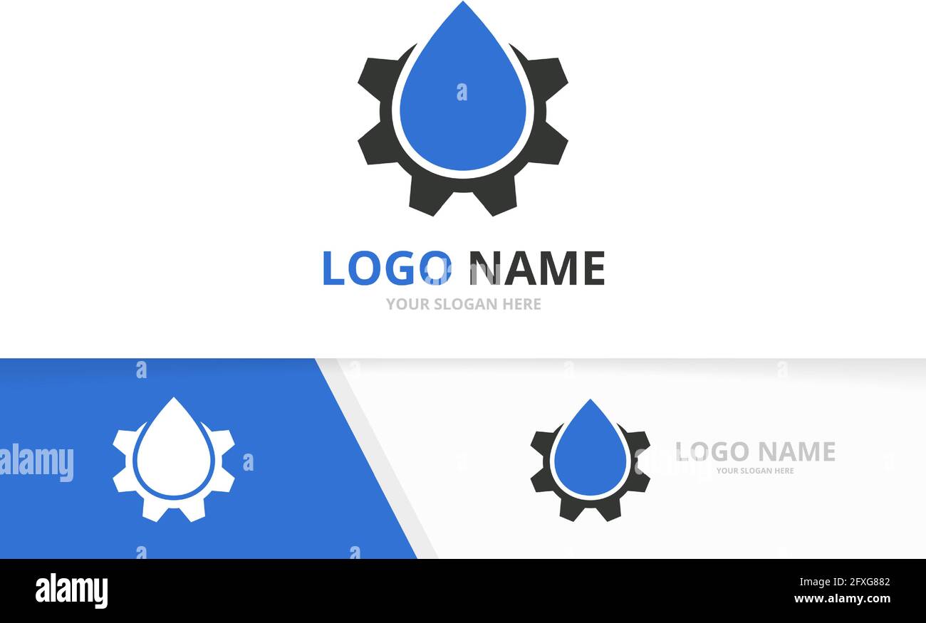 Kombination aus mechanischem Wassertropfen und Getriebe-Logo. Einzigartige Designvorlage für das Werksöl-Logo. Stock Vektor