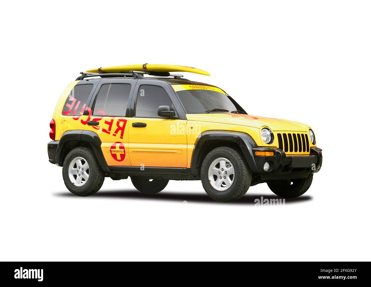 Gelbes SUV-Rettungsfahrzeug isoliert auf weißem Hintergrund Stockfoto