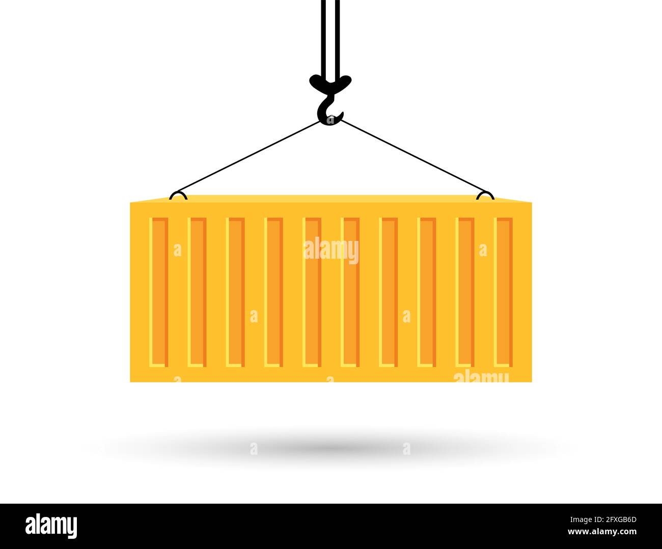 Konzept der weltweiten Lieferung durch den Seeverkehr. Leuchtend gelbe Ladung im Container hebt sich an der Winde. Entladen oder Laden von Fracht. Vektorgrafik Stock Vektor