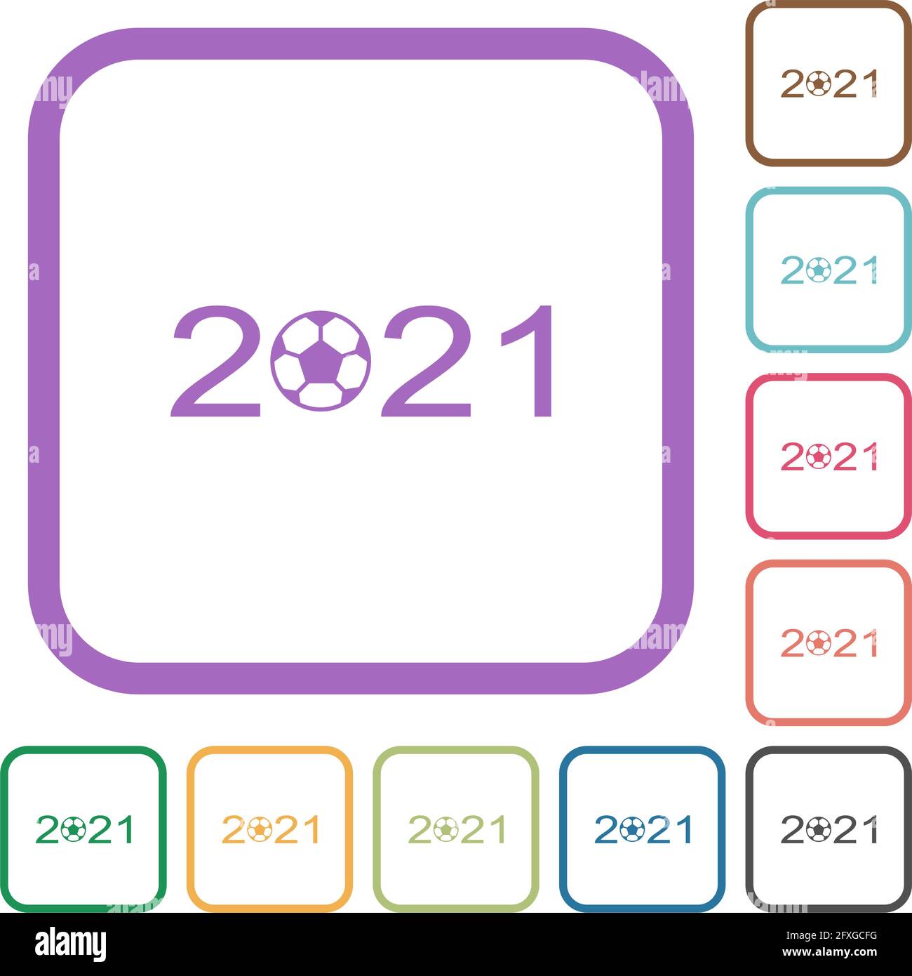 Fußballturnier 2021 einfache Symbole in farbigen abgerundeten quadratischen Rahmen Auf weißem Hintergrund Stock Vektor