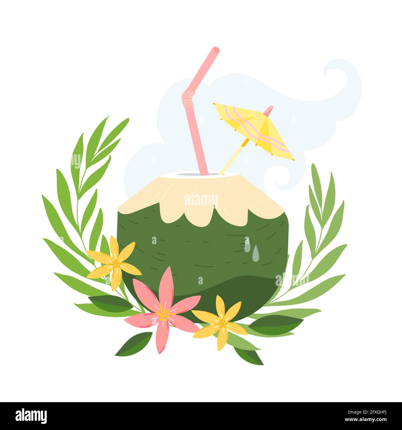 Grüner junger frischer Kokosnusscocktail mit Stroh und Regenschirmauflage. Vektor-Illustration mit jungen Kokosnuss in einem Cartoon-Stil. Gut für Sommer-Menü, sei Stock Vektor